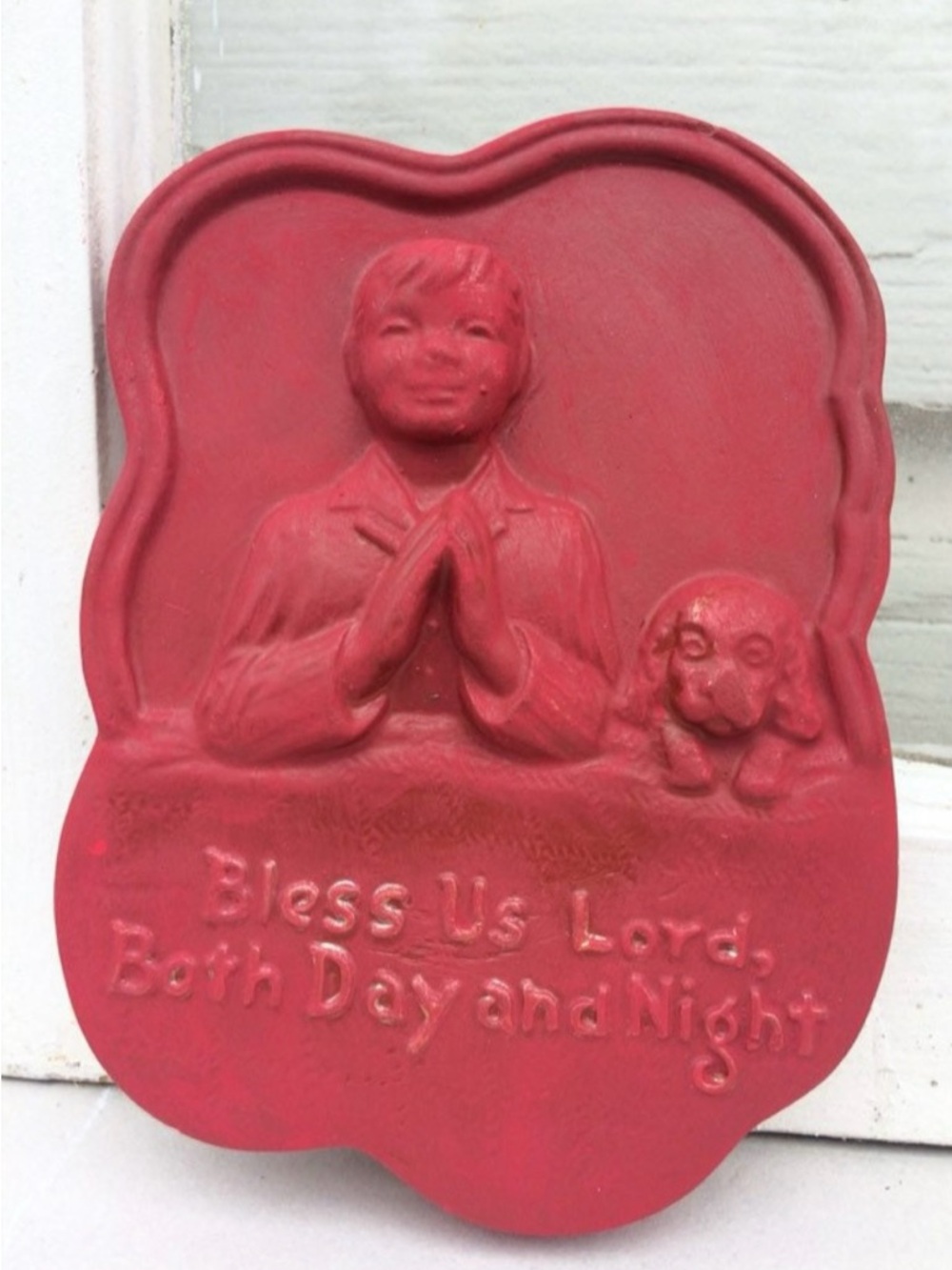 Vintage chalkware wall plaque Boy & dog praying Christian decor plaster of Paris